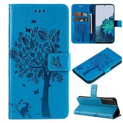 Embossing Butterfly Tree Leather Wallet Case for Samsung Galaxy S22 Plus (S22 Pro) - Blue