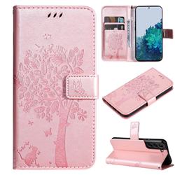 Embossing Butterfly Tree Leather Wallet Case for Samsung Galaxy S22 Plus (S22 Pro) - Rose Pink