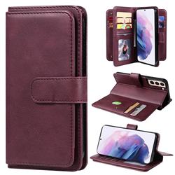 Multi-function Ten Card Slots and Photo Frame PU Leather Wallet Phone Case Cover for Samsung Galaxy S22 Plus (S22 Pro) - Claret