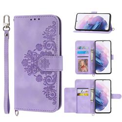 Skin Feel Embossed Lace Flower Multiple Card Slots Leather Wallet Phone Case for Samsung Galaxy S22 Plus (S22 Pro) - Purple