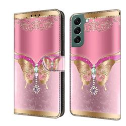 Pink Diamond Butterfly Crystal PU Leather Protective Wallet Case Cover for Samsung Galaxy S22 Plus (S22 Pro)