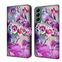 Flower Butterflies Crystal PU Leather Protective Wallet Case Cover for Samsung Galaxy S22 Plus (S22 Pro)