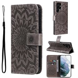 Embossing Sunflower Leather Wallet Case for Samsung Galaxy S22 Ultra - Gray