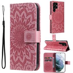 Embossing Sunflower Leather Wallet Case for Samsung Galaxy S22 Ultra - Pink