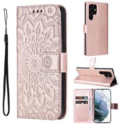 Embossing Sunflower Leather Wallet Case for Samsung Galaxy S22 Ultra - Rose Gold