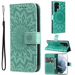 Embossing Sunflower Leather Wallet Case for Samsung Galaxy S22 Ultra - Green