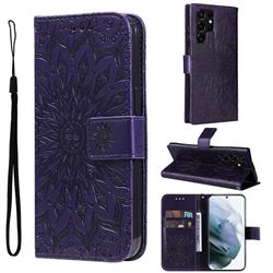 Embossing Sunflower Leather Wallet Case for Samsung Galaxy S22 Ultra - Purple