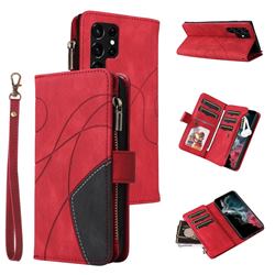 Luxury Two-color Stitching Multi-function Zipper Leather Wallet Case Cover for Samsung Galaxy S22 Ultra - Red