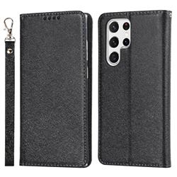 Ultra Slim Magnetic Automatic Suction Silk Lanyard Leather Flip Cover for Samsung Galaxy S22 Ultra - Black