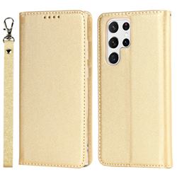 Ultra Slim Magnetic Automatic Suction Silk Lanyard Leather Flip Cover for Samsung Galaxy S22 Ultra - Golden