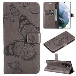 Embossing 3D Butterfly Leather Wallet Case for Samsung Galaxy S22 Ultra - Gray