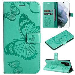 Embossing 3D Butterfly Leather Wallet Case for Samsung Galaxy S22 Ultra - Green