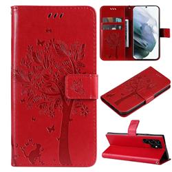 Embossing Butterfly Tree Leather Wallet Case for Samsung Galaxy S22 Ultra - Red