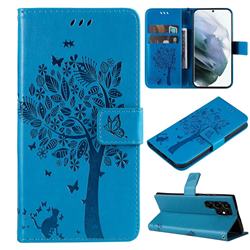 Embossing Butterfly Tree Leather Wallet Case for Samsung Galaxy S22 Ultra - Blue