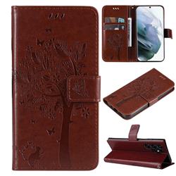 Embossing Butterfly Tree Leather Wallet Case for Samsung Galaxy S22 Ultra - Coffee