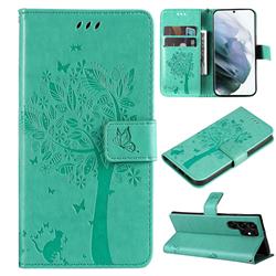 Embossing Butterfly Tree Leather Wallet Case for Samsung Galaxy S22 Ultra - Cyan