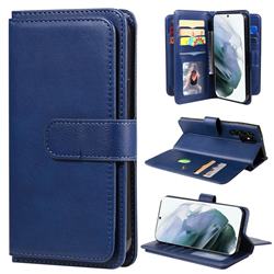 Multi-function Ten Card Slots and Photo Frame PU Leather Wallet Phone Case Cover for Samsung Galaxy S22 Ultra - Dark Blue