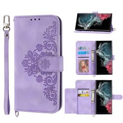 Skin Feel Embossed Lace Flower Multiple Card Slots Leather Wallet Phone Case for Samsung Galaxy S22 Ultra - Purple