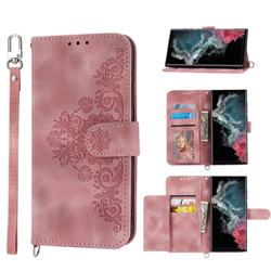 Skin Feel Embossed Lace Flower Multiple Card Slots Leather Wallet Phone Case for Samsung Galaxy S22 Ultra - Pink
