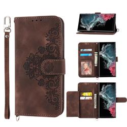 Skin Feel Embossed Lace Flower Multiple Card Slots Leather Wallet Phone Case for Samsung Galaxy S22 Ultra - Brown