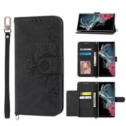 Skin Feel Embossed Lace Flower Multiple Card Slots Leather Wallet Phone Case for Samsung Galaxy S22 Ultra - Black