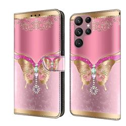 Pink Diamond Butterfly Crystal PU Leather Protective Wallet Case Cover for Samsung Galaxy S22 Ultra