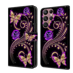 Purple Flower Butterfly Crystal PU Leather Protective Wallet Case Cover for Samsung Galaxy S22 Ultra