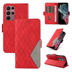 Grid Pattern Splicing Protective Wallet Case Cover for Samsung Galaxy S22 Ultra - Red