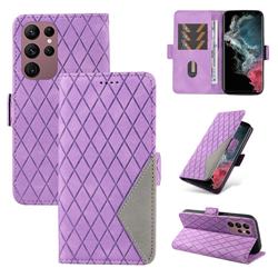 Grid Pattern Splicing Protective Wallet Case Cover for Samsung Galaxy S22 Ultra - Purple
