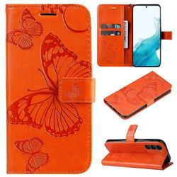 Embossing 3D Butterfly Leather Wallet Case for Samsung Galaxy S23 - Orange