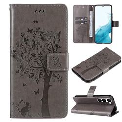 Embossing Butterfly Tree Leather Wallet Case for Samsung Galaxy S23 - Grey