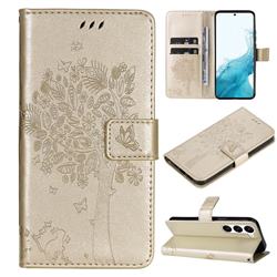 Embossing Butterfly Tree Leather Wallet Case for Samsung Galaxy S23 - Champagne