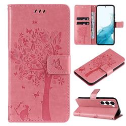Embossing Butterfly Tree Leather Wallet Case for Samsung Galaxy S23 - Pink