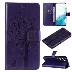 Embossing Butterfly Tree Leather Wallet Case for Samsung Galaxy S23 - Purple