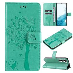 Embossing Butterfly Tree Leather Wallet Case for Samsung Galaxy S23 - Cyan