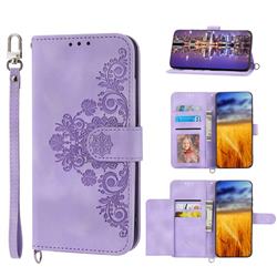 Skin Feel Embossed Lace Flower Multiple Card Slots Leather Wallet Phone Case for Samsung Galaxy S23 - Purple