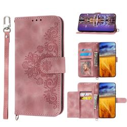 Skin Feel Embossed Lace Flower Multiple Card Slots Leather Wallet Phone Case for Samsung Galaxy S23 - Pink
