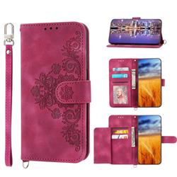Skin Feel Embossed Lace Flower Multiple Card Slots Leather Wallet Phone Case for Samsung Galaxy S23 - Claret Red