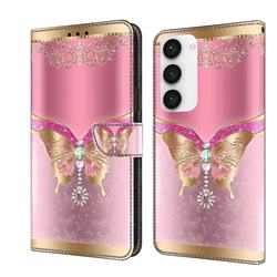 Pink Diamond Butterfly Crystal PU Leather Protective Wallet Case Cover for Samsung Galaxy S23