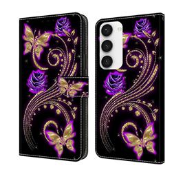 Purple Flower Butterfly Crystal PU Leather Protective Wallet Case Cover for Samsung Galaxy S23