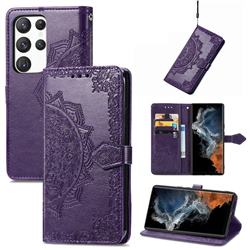 Embossing Imprint Mandala Flower Leather Wallet Case for Samsung Galaxy S23 - Purple