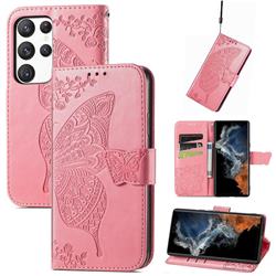 Embossing Mandala Flower Butterfly Leather Wallet Case for Samsung Galaxy S23 - Pink