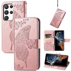 Embossing Mandala Flower Butterfly Leather Wallet Case for Samsung Galaxy S23 - Rose Gold
