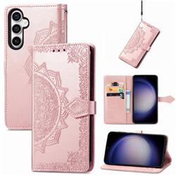 Embossing Imprint Mandala Flower Leather Wallet Case for Samsung Galaxy S23 FE - Rose Gold
