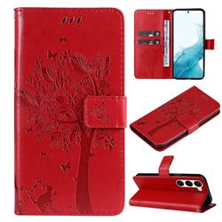 Embossing Butterfly Tree Leather Wallet Case for Samsung Galaxy S23 Plus - Red