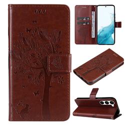 Embossing Butterfly Tree Leather Wallet Case for Samsung Galaxy S23 Plus - Coffee