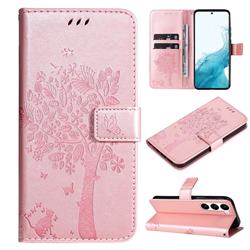 Embossing Butterfly Tree Leather Wallet Case for Samsung Galaxy S23 Plus - Rose Pink