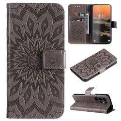 Embossing Sunflower Leather Wallet Case for Samsung Galaxy S23 Ultra - Gray