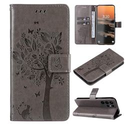 Embossing Butterfly Tree Leather Wallet Case for Samsung Galaxy S23 Ultra - Grey