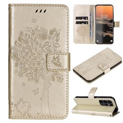 Embossing Butterfly Tree Leather Wallet Case for Samsung Galaxy S23 Ultra - Champagne